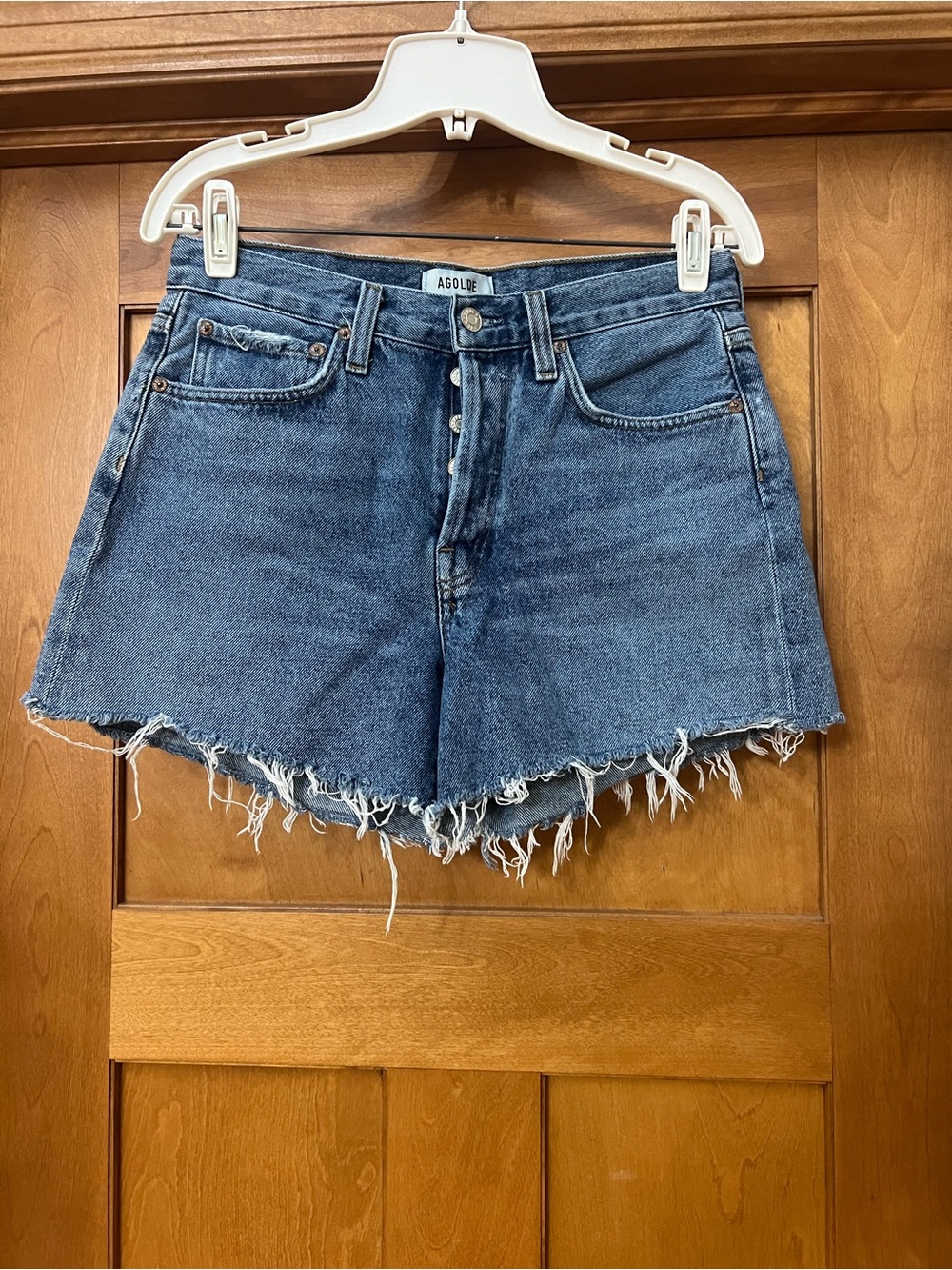 AGOLDE Parker Cut Off Denim Shorts Size 26 Skywave Button Fly